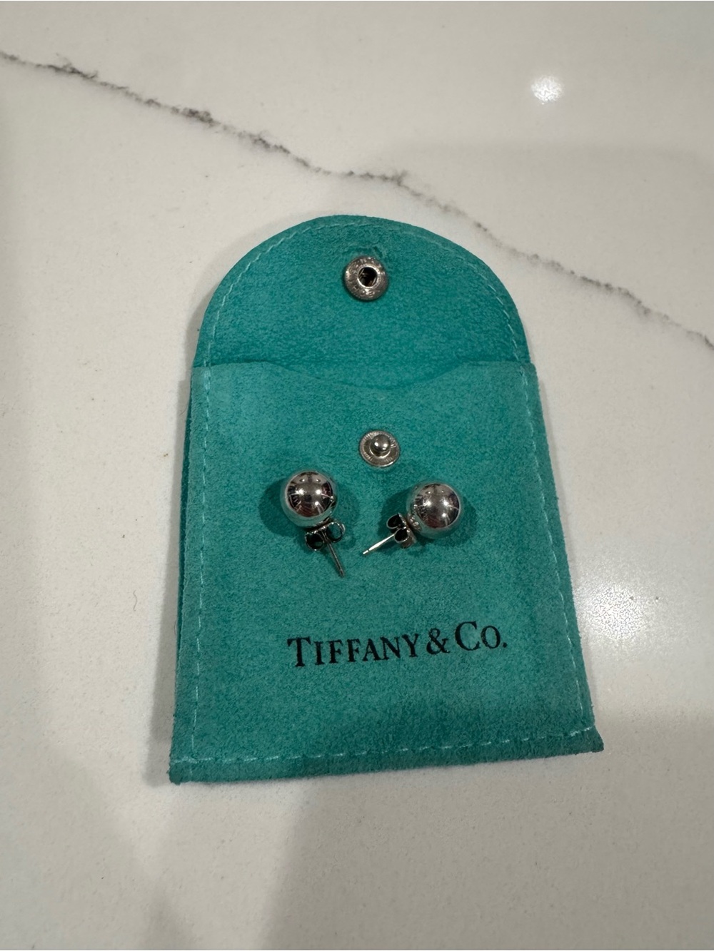 Tiffany & Co. Sterling Silver Ball Stud Earrings with Signature Blue Pouch